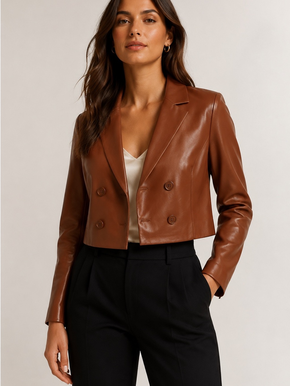 Brand new Philosophy Cropped Brown Leather Double-Breasted Jacket - Women